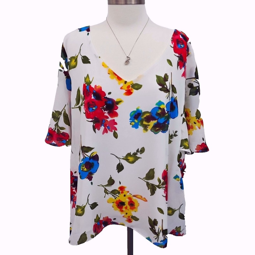 Womens 2X White Floral V-Neck Sheer Lined Blouse Flutter Sleeve Boho Spring Top